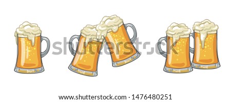Glass or ceramic mugs filled of golden light beer with overflowing froth heads. Isolated on white background, for brewery emblem or beer party design