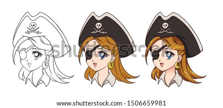 Cute anime pirate girl portrait. Three versions: contour, flat colors, cell shading. 90s retro anime style hand drawn vector illustration. Isolated on white background. 