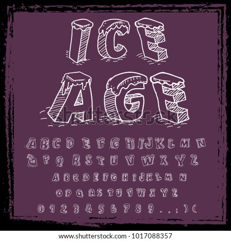 Vector set of handwritten 3D ABC letters, numbers, and symbols. Handcrafted decorative cold vector script alphabet calligraphy font, icon, letters named Ice Age on grunge background