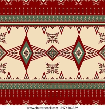 Native American tribal seamless pattern background in red and green