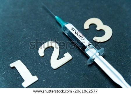 Third covid vaccine dose and jab concept with numbers. Syringe is seen on table as a concept for the 3rd covid-19 vaccine dose, also called booster shot