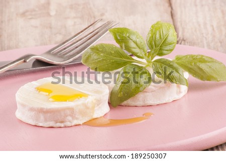 soft goat cheese with olive oil and basil on a pink wooden board