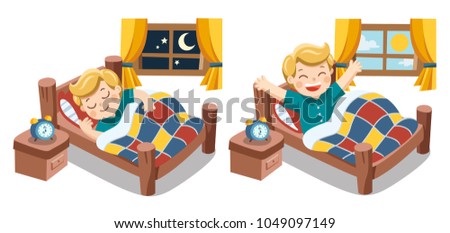 A Little boy sleeping on tonight dreams and he wake up in the morning. Isolated vector