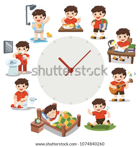 A Cute Boy in different situations. Daily routine with red simple watches. Day time. Isolated on white background.