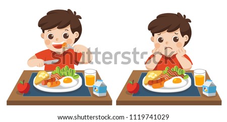 Eating Breakfast Cartoon : Cartoon of a boy enjoying cereal for