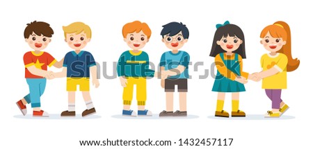 Set of  boy and girl standing, shaking hands making peace. School friendship.