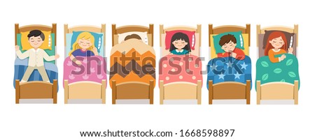 Set of Children character lying in different postures during night slumber. Boys and girls sleeping in bed in various poses. Bedtime and rest. vector illustration.