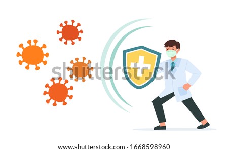 Healthy Doctor reflect bacteria attack with shield. Doctor holds shield covering from virus and bacteria. Health bacteria virus protection. Boost Immunity with medicine concept illustration.