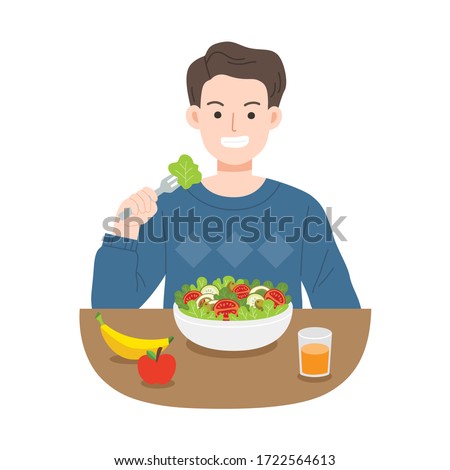 Young men eating salads. Diet food for life. Healthy foods with benefits. Healthy and vegan food concept.
