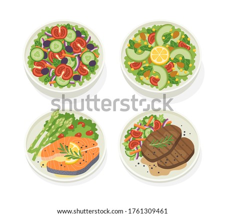 Set of various plates of food with fresh vegetable salad, beef steak, salmon steak. Let's eat something delicious tasty food. Icons for menu logos and labels.