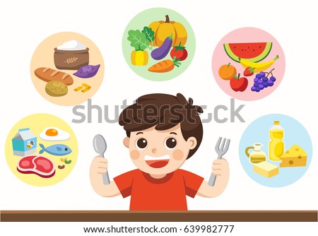 A cute boy with The five food group.
Let's get something to eat!