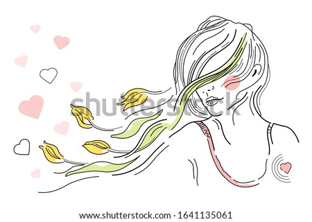 Vector illustration of spring girl, young woman with flying hair, pink hearts, yellow tulips on white background. Happy Valentines Day, Women's Day. Psychological concept of internal resources, love