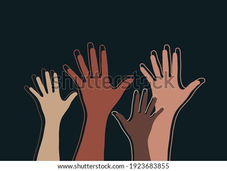 Raised hands, open palms. The concept of charity, volunteering, love, kindness, equality, racial and social issues. Vector illustration for your design.