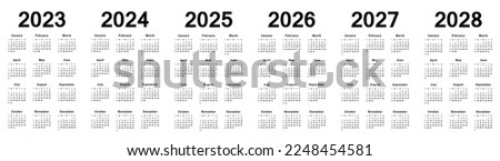 Calendar 2023, 2024, 2025, 2026, 2027, 2028 years week start Sunday