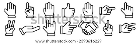 Hand cursor, handshake, thumb up, hand gestures, signals vector line icons set