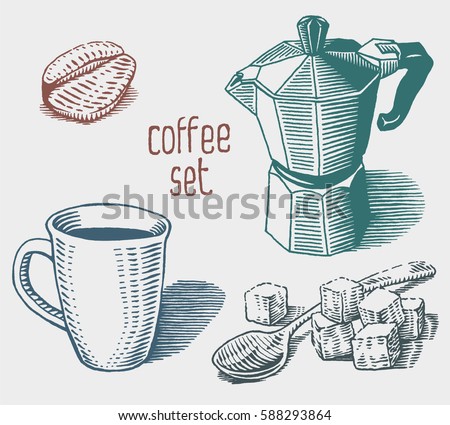 Coffee set. Collection of hand drawn sketches. Cup, coffee maker, coffee grain and spoon with sugar cubes. Vector elements isolated on white background