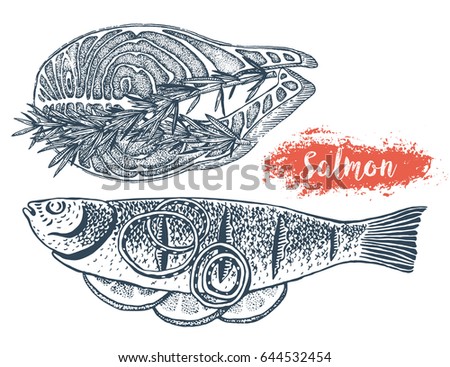 Salmon. Hand drawn sea food illustration in engraving style. Salmon fillet with rosemary. Fresh fish, lemon, and onion. Vintage vector black elements isolated on white background.