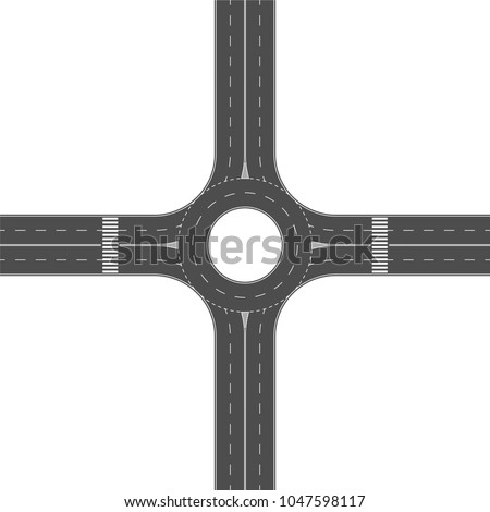 Roundabout road junction. Empty asphalt crossroad with marking. Vector illustration