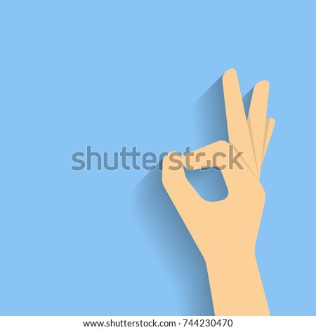 Hand OK sign. Illustration in flat style with long shadow