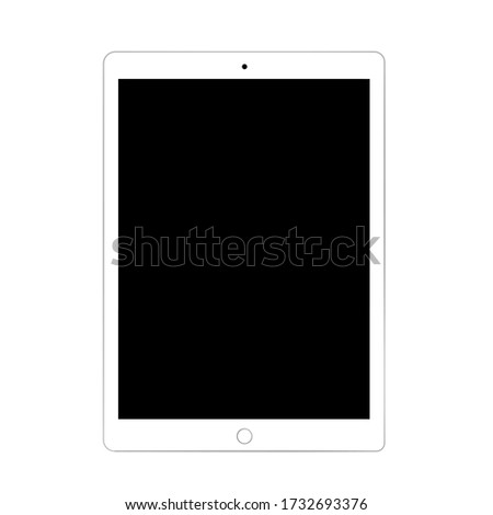 This image is white tablet which display is black square. Tablet is off. Technology vector.