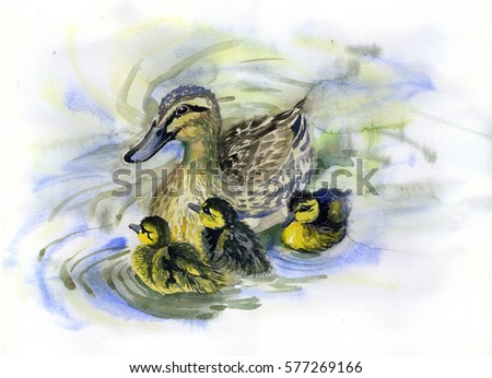 watercolor painting of ducks and ducklings in a pond