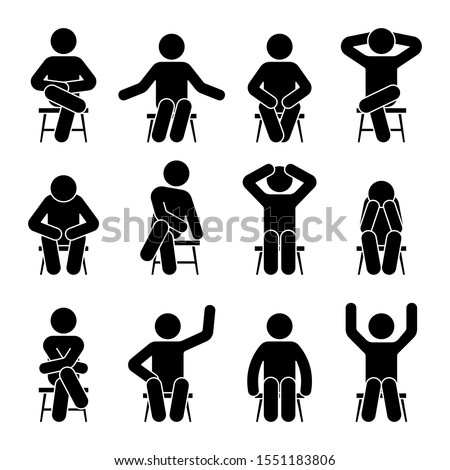 Sitting on chair stick figure man different poses pictogram vector icon set. Boy silhouette seated happy, comfy, sad, tired, depressed sign