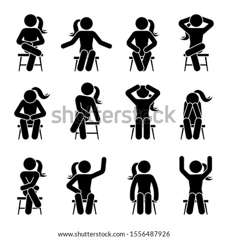 Sitting on chair stick figure woman different poses pictogram vector icon set. Girl silhouette seated happy, comfy, sad, tired, depressed sign