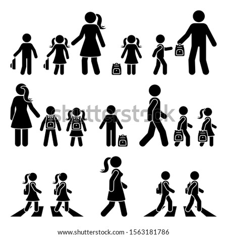 Stick figure walking kids with parents and backpack vector icon pictogram. Boy and girl on crosswalk going to school silhouette