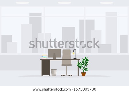 Design of modern empty office working place front view vector illustration. Table, desk, chair, computer, desktop, books, plant, lamp, trash bin isolated on cityscape