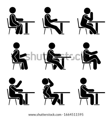 Sitting on chair at desk stick figure man side view poses pictogram vector icon set. Boy silhouette seated happy, comfy, sad, tired sign on white