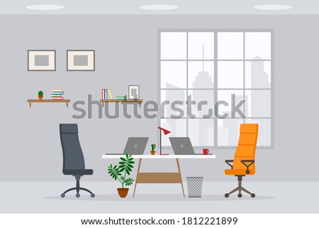 Design of modern empty office working place front view vector illustration. Flat style table, desk, chair, computer, desktop, plant, lamp, laptop isolated on cityscape silhouette