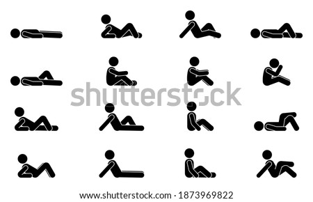 Stick figure male lie down various positions vector illustration icon set. Man person sleeping, laying, sitting on floor, ground side view silhouette pictogram Foto stock © 