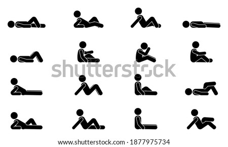 Stick figure man lie down various positions vector illustration icon set. Male person sleeping, laying, sitting on floor, ground side view silhouette pictogram