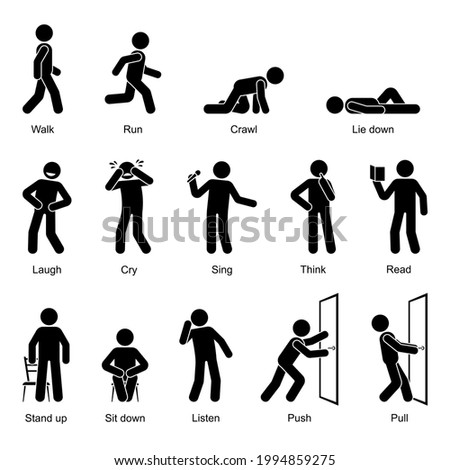 Action verbs stick figure man walking, running, crawling, lying down, laughing, crying, singing, thinking, reading, standing up, sitting down, listening, pushing, pulling vector icon set