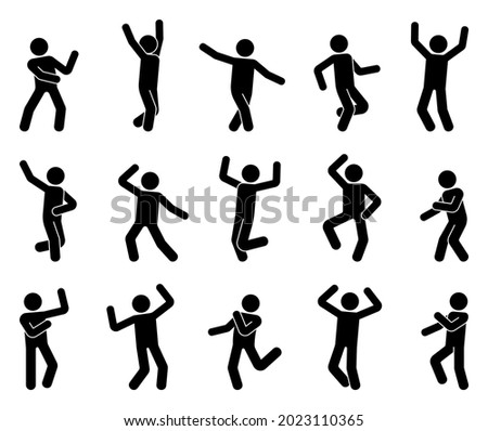 Happy stick figure man dancing hands up different poses vector icon set. Stickman enjoying, jumping, having fun, party silhouette pictogram on white