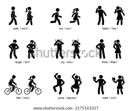 Stick figure man woman walk, run, listen, laugh, cry, think, ride, jump, read verbs pronunciation vector illustration