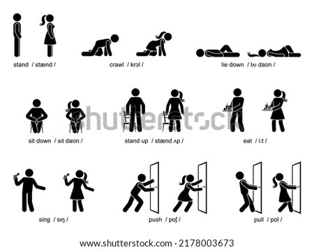 Stick figure man woman stand, crawl, lie down, sit down, stand up, eat, sing, push, pull verbs pronunciation vector set