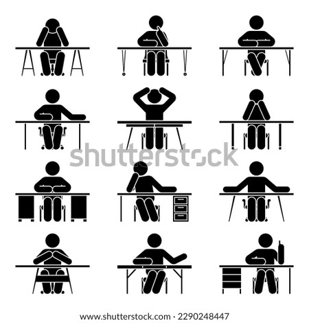 Stick figure man sitting at table front view vector illustration set. Stickman at office desk icon silhouette pictogram