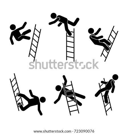 Man falling off a ladder stick figure pictogram. Different positions of flying person icon set symbol posture on white