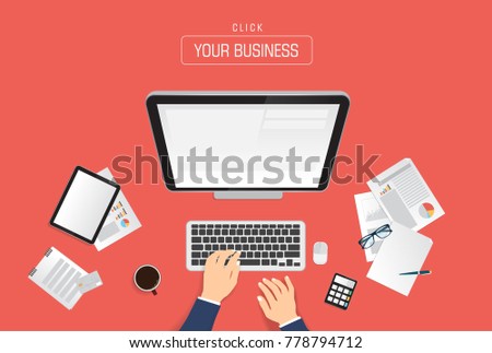 Hands typing text on the computer laptop keyboard and using smartphone,calculator,calendar, tablet for communication. Technology and business concept. Online shopping.