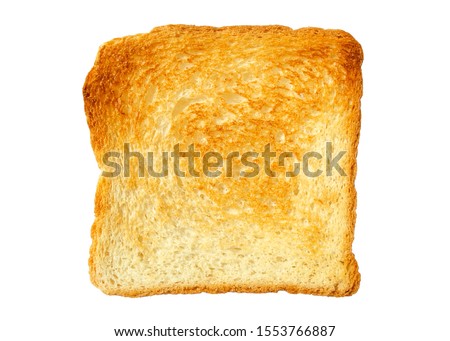 Toast slice isolated on white. Close-up of toast, top view. Toast isolated on white. Single slice of lightly toasted white bread. Sliced Toast Bread, top view.