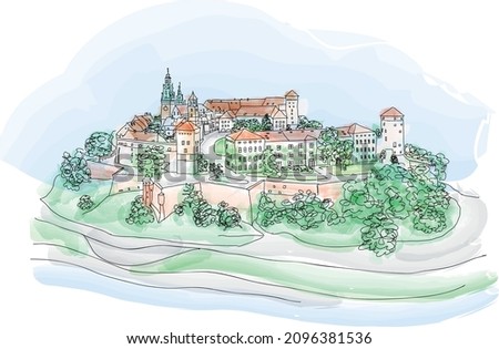 Poland. Skyline panorama of Cracow old city with Wawel Hill, Cathedral, Royal Wawel Castle, defensive walls, park, promenade