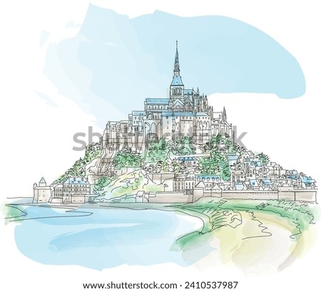 famous monastery of Mont Saint Michel with the Abbey church built above the hill during high tide in northern France in the Normandy region, vector illustration, SHOTLISTtravel