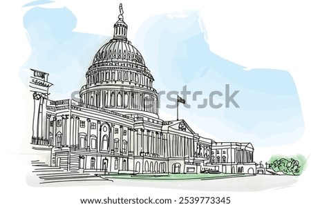 The United States Capitol building with American flag, Washington DC, USA. - vector illustration