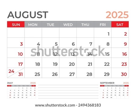 Calendar 2025 template, August 2025 page, Desk calendar 2025 year, planner design, Wall calendar, week starts on sunday, stationery design, Desk office, organizer office, vector eps10