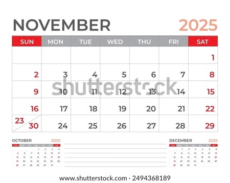 Calendar 2025 template, November 2025 page, Desk calendar 2025 year, planner design, Wall calendar, week starts on sunday, stationery design, Desk office, organizer office, vector eps10