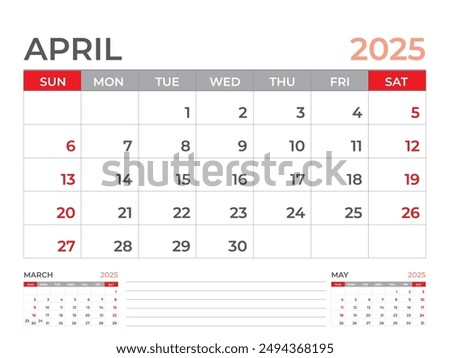 Calendar 2025 template, April 2025 page, Desk calendar 2025 year, planner design, Wall calendar, week starts on sunday, stationery design, Desk office, organizer office, vector eps10