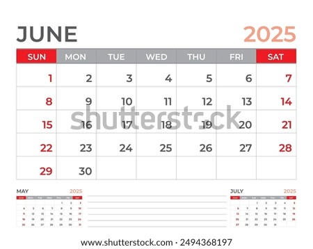 Calendar 2025 template, June 2025 page, Desk calendar 2025 year, planner design, Wall calendar, week starts on sunday, stationery design, Desk office, organizer office, vector eps10