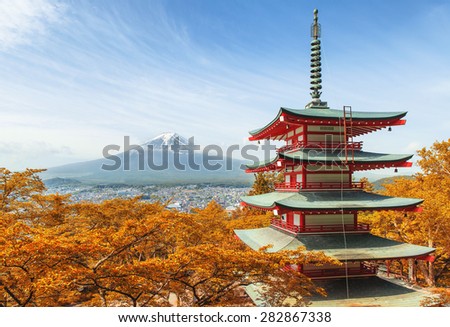 Mt. Fuji with red pagoda at autumn season in Japan