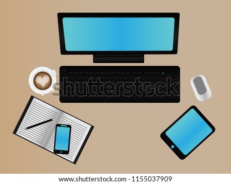 Concept : business vector. A pencil, mobile phone,book and a cup of coffee with line heart shaped put on left hand.Tablet and mouse on the right,computer and keyboard on front view